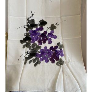 silk scarf Hand Painted Made In China off white green and purple Flowers 32”sq
